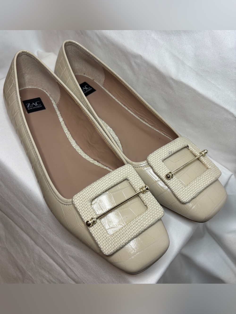 ZAC Zac Posen Cream Croc-Embossed Square-Buckle Flats Size 11M